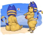 anthro areola beach big_areola big_breasts big_nipples biped black_eyes blue_tail breasts butt clothed clothing female fur heart_symbol looking_at_viewer nipples nude orange_areola orange_nipples rear_view sand sea short_stack sitting sitting_on_ground slightly_chubby slightly_chubby_anthro slightly_chubby_female solo speech_bubble tail topless water yellow_body yellow_fur yellow_tail okgaki animal_crossing nintendo ankha_(animal_crossing) domestic_cat felid feline felis mammal hi_res