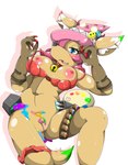 anthro bell blush breasts brown_body brown_fur claws clothed clothing female fluffy fluffy_tail fur genitals hat headgear headwear nipples open_mouth open_smile partially_clothed pubes pussy simple_background smile solo tail tongue mellonsoda bandai_namco digimon appmon_(species) digimon_(species) effecmon