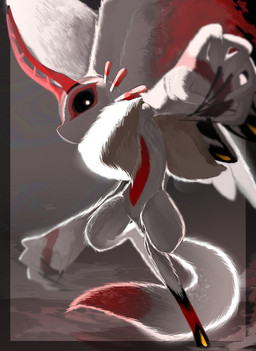 ambiguous_gender anthro antlers black_border black_fingernails black_nails black_sclera border chest_tuft colored_nails countershading depth_of_field dipstick_tail fingernails fluffy fluffy_tail foreshortening fur glistening glistening_body glistening_fur grey_background head_wings horn huge_wings looking_at_viewer markings mouthless multicolored_body multicolored_fur nails neck_tuft outside_border pupils reaching_towards_viewer red_body red_fur side_view simple_background solo tail tail_markings tan_body tan_fur tuft unusual_wing_placement white_body white_fur white_pupils wings zakobennki kirby_(series) kirby_and_the_forgotten_land nintendo chaos_elfilis alien chinchilla chinchillid mammal rodent starling_(kirby) 2025 digital_media_(artwork) hi_res