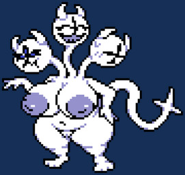 3_heads anthro areola big_areola big_breasts big_nipples blue_areola blue_eyes blue_nipples blush breasts eyelashes female fur genitals group huge_areola huge_breasts huge_nipples multi_eye multi_head navel nipples nude pouting simple_background smile solo standing tail teeth thick_thighs trio vulva white_body white_fur wide_hips moronicpixels deltarune european_mythology greek_mythology mythology undertale_(series) clover_(deltarune) darkner hydra mammal mythological_creature digital_media_(artwork) pixel_(artwork)