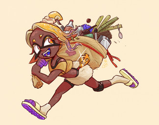 brown_body clothed clothed_female clothing dark_body dark_skin female fully_clothed fully_clothed_female holding_bag midriff navel open_mouth open_smile running simple_background smile solo tan_background theblueberrycarrots nintendo splatoon frye_(splatoon) aquatic cephalopod mollusk octarian octoling 2025 digital_drawing_(artwork) digital_media_(artwork) hi_res signature