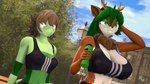 anthro antlers big_breasts bottle breast_envy breast_size_difference breasts buckteeth clothing container duo female green_hair hair horn mature_female neck_tuft outside revamped_anthros scut_tail short_tail size_difference small_breasts tail teeth tuft water_bottle donglysfm meme_clothing sports_bra_difference_meme lily_springtail_(donglysfm) tea_tree_(donglysfm) deer lizard mammal reptile scalie 16:9 3d_(artwork) 4k absurd_res digital_media_(artwork) hi_res meme source_filmmaker_(artwork) widescreen