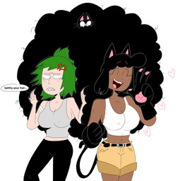 afro ambiguous_gender annoyed armwear bandage bandaged_arm belt belt_buckle big_breasts black_armwear black_bottomwear black_clothing black_elbow_gloves black_gloves black_hair black_handwear black_pants blush blush_lines bottomwear breasts buckle clothed clothed_female clothed_human clothing cross-popping_vein dialogue elbow_gloves eyebrow_through_hair eyebrows eyelashes female feral freckled_face freckles gesture gloves green_hair grey_clothing grey_shirt grey_tank_top grey_topwear group hair hand_gesture handwear heart_symbol midriff navel open_mouth open_smile pants shirt shorts simple_background smile tail tank_top text topwear translucent translucent_hair trio v_sign white_background white_clothing white_shirt white_tank_top white_topwear jinu kadyn_(jinu) katthy_(jinu) animal_humanoid cat_humanoid domestic_cat felid felid_humanoid feline feline_humanoid felis human humanoid mammal mammal_humanoid 2017 digital_drawing_(artwork) digital_media_(artwork) english_description english_text hi_res portrait three-quarter_portrait