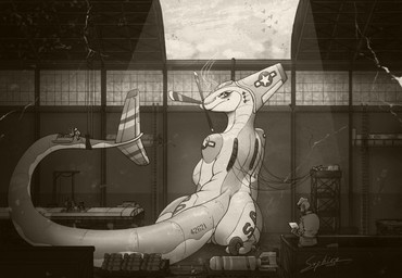 aircraft airplane anthro big_breasts big_butt black_and_orange bomb breasts butt cable clothing explosives faceless_character faceless_male female genitals group hangar happy indoor_nudity inside larger_female looking_back lying_on_ground machine macro maintenance male military_uniform missile not_furry nude on_ground size_difference smile smirk tail uniform vehicle vulva wheel working world_war_2 saphirathefur aeromorph human living_aircraft living_machine living_vehicle mammal hi_res monochrome