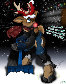 anthro antlers boots christmas_clothing christmas_headwear clothing coat footwear gloves handwear hat headgear headwear holidays hooves horn lights male night outside santa_hat scarf shoes shovel snow snowflake snowing snowstorm solo tools topwear torn_clothing transformation catmonkshiro christmas rudolph_the_red-nosed_reindeer deer mammal new_world_deer reindeer 2014 hi_res