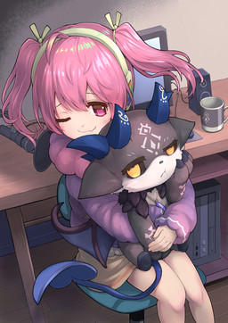 ambiguous_gender anthro biped black_sclera chair clothed clothing computer container cup duo electronics female fur furniture grey_body grey_fur hair head_horn headphones hooves horn jewelry membrane_(anatomy) membranous_wings microphone monitor necklace on_chair on_lap pigtails pink_eyes pink_hair semi-anthro sitting sitting_on_chair sitting_on_lap spade_tail speaker tail wings yellow_eyes oribiyo nijisanji vtuber debicchi debidebi_debiru demon human mammal hi_res