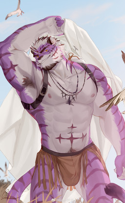 abs anthro armpit_hair barazoku biceps black_body black_feathers black_highlights body_hair brown_clothing brown_jockstrap brown_underwear claws clothed clothing collared_shirt dress_shirt feathers finger_claws fur hair hand_over_head harness highlights_(coloring) holding_clothing holding_object holding_shirt holding_topwear jewelry jockstrap jockstrap_only male markings multicolored_body multicolored_fur navel necklace outside pecs ponytail purple_body purple_fur shirt smile solo star_(marking) tail topless topwear two_tone_body two_tone_fur underwear underwear_only weibo_logo white_body white_clothing white_feathers white_fur white_hair white_shirt white_topwear yellow_eyes koushishikou11 weibo sadiend felid mammal pantherine tiger 2022 absurd_res hi_res signature
