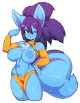 anthro areola big_breasts blue_areola blue_body blue_nipples blue_tail blue_tuft breasts camel_toe chest_tuft clothing female genitals gradient_inner_ear hair navel nipples one_eye_closed orange_clothing orange_eyes orange_nose purple_hair purple_tail pussy simple_background smile smiling_at_viewer solo tail tuft two_tone_tail white_background wink slugbox felid feline mammal absurd_res digital_drawing_(artwork) digital_media_(artwork) hi_res