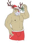 anthro antlers beard bottomwear bulge christmas_clothing christmas_headwear clothed clothing eyewear facial_hair glasses hair hat headgear headwear holidays horn male mistletoe mustache nipples plant red_nose santa_hat shorts solo topless topless_male white_hair ziploc hickeybickeyboo christmas deer mammal new_world_deer reindeer