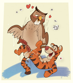 balls blush bodily_fluids bouncing cloacal cloacal_penetration cum cum_in_cloaca cum_inside duo erection genital_fluids genitals heart_symbol looking_at_another looking_at_partner male male/male penetration penis sound_effects speech_bubble text argon_vile disney winnie_the_pooh_(franchise) owl_(winnie_the_pooh) tigger avian bird felid mammal owl pantherine tiger english_text hi_res