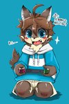 2018 ahoge anthro blue_eyes blush bottomwear brown_body canid canine canis clothing electronics game_console hair hoodie japanese_text male mammal morenatsu nintendo nintendo_switch nintendo_switch_console open_mouth pants shun_(morenatsu) solo switch_console tan_body text topwear wolf young