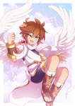 blue_eyes brown_hair clothing cloud day feathered_wings feathers feet fingers flying footwear hair light_body light_skin looking_at_viewer male not_furry one_eye_closed open_mouth open_smile sandals shoes smile solo toes wings wink entiqua kid_icarus nintendo pit_(kid_icarus) angel humanoid hi_res