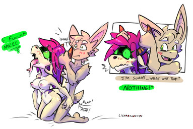 anthro bat_ears bat_tail breasts chest_tuft dialogue duo female from_behind_position fur genitals green_eyes hair horn horn_grab horn_pull lizard_tail male male/female nipples nude nude_anthro nude_female nude_male open_mouth pink_hair sex simple_background sound_effects speech_bubble tail tan_body tan_fur teeth text thick_tail tongue tongue_out tuft vulva lizardillochips esmeralda_(runicknight) turo_of_akesh bat desert_bat kobold mammal reptile scalie wingless_bat digital_media_(artwork) hi_res