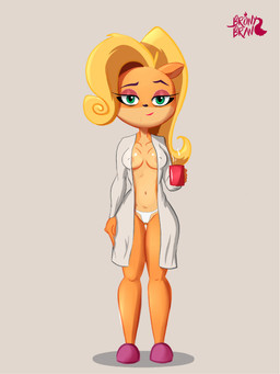 anthro areola blonde_hair breasts camel_toe clothed clothing container cup female footwear fur green_eyes hair half-closed_eyes holding_container holding_cup holding_mug holding_object looking_at_viewer mug narrowed_eyes navel nipple_outline open_clothing open_robe panties robe shoes simple_background slippers smile solo standing tail underwear bronybran activision crash_bandicoot_(series) coco_bandicoot bandicoot mammal marsupial digital_media_(artwork) hi_res