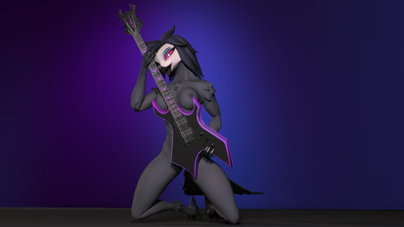 anthro areola arm_tuft beak black_body black_feathers black_hair black_tuft breasts elbow_tuft electric_guitar eyeshadow feather_tuft feathers female gradient_background guitar hair kneeling looking_at_viewer makeup medium_breasts musical_instrument nipples nude open_mouth pink_sclera plucked_string_instrument purple_areola purple_eyeshadow purple_nipples shoulder_tuft simple_background solo string_instrument tail tail_feathers tongue tuft arvelo_ic8d hellaverse helluva_boss octavia_(helluva_boss) avian bird demon owl owl_demon 16:9 3d_(artwork) 4k absurd_res digital_media_(artwork) hi_res widescreen