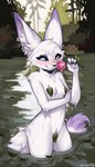 anthro big_ears blue_eyes breasts ear_piercing ear_ring female female_anthro flower fluffy fluffy_tail front_view fur holding_flower holding_object inner_ear_fluff leaf leaf_censor partially_submerged pasties piercing plant ring_piercing rose_(flower) slim small_breasts smile solo standing_in_water tail tuft water wet white_body white_fur spuydjeks blizzard_entertainment warcraft flakey_the_vulpera canid mammal vulpera 2024 hi_res