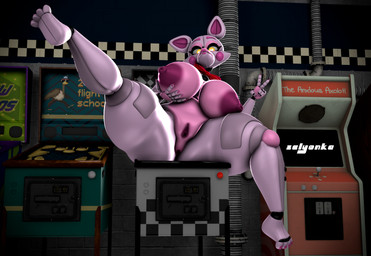 4_toes anthro anus arcade_machine areola big_areola big_breasts bow_tie breasts curvy_figure dark_areola dark_nipples feet female gesture glowing glowing_eyes hand_gesture hand_on_breast heart_pupils holding_breast huge_breasts looking_at_viewer machine nude nude_anthro nude_female raised_leg sitting solo spread_legs spreading text thick_thighs toes v_sign voluptuous_anthro voluptuous_female vulva wide_hips zelyonka mishuyuu_(modeler) five_nights_at_freddy's scottgames sister_location funtime_foxy_(fnaf) animatronic canid canine fox mammal robot robot_anthro 3d_(artwork) digital_media_(artwork) english_text hi_res source_filmmaker_(artwork) watermark