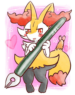 ambiguous_anthro ambiguous_gender anthro biped blush blush_stickers border digitigrade dipstick_tail featureless_crotch food fountain_pen front_view heart_symbol holding_object holding_pen markings micro object_in_tail open_:3 open_mouth open_smile pen shrimp_(food) simple_background smile snout solo standing tail tail_markings tongue white_border annyui0611 nintendo pokemon braixen canid generation_6_pokemon mammal pokemon_(species) 2022 digital_drawing_(artwork) digital_media_(artwork) full-length_portrait hi_res japanese_description portrait translated_description