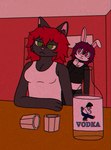 alcohol alcohol_bottle alcoholic anthro beverage duo female furniture saddle table vodka crischar_foxito alexa_(crischar_foxito) roxy_(crischar_foxito) domestic_cat felid feline felis lagomorph leporid mammal rabbit chromatic_aberration hi_res
