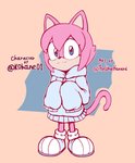 anthro blue_eyes clothed clothing eyelashes female footwear fur hoodie long_sleeves looking_at_viewer oversized_sleeves pink_background pink_body pink_fur shoes simple_background solo standing text topwear limehazard sega sonic_the_hedgehog_(series) fan_character kohane_(kohane01) domestic_cat felid feline felis mammal english_text hi_res