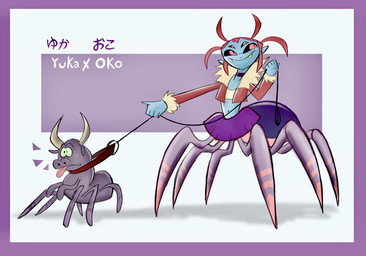 2_horns 4_eyes 5_fingers 6_legs ambiguous_gender arthropod_abdomen black_choker black_jewelry black_leash black_necklace black_sclera blue_body blue_ears blue_skin border bottomwear choker closed_smile clothed clothed_female clothed_taur clothing collar collar_only countershade_exoskeleton countershading crop_top domestic_pet exoskeleton fangs female female_taur feral fingers front_view fur_trim_(clothing) hair holding_leash holding_object horn jacket jewelry leash leash_pull leashed_collar leg_markings markings midriff mouth_closed multi_eye navel necklace nude pink_body pink_exoskeleton pink_eyes pink_markings pink_tongue purple_body purple_border purple_bottomwear purple_clothing purple_emanata purple_exoskeleton purple_markings purple_skirt purple_text red_clothing red_hair red_jacket red_topwear shirt skirt smile socks_(marking) teeth text tongue topwear white_clothing white_crop_top white_text white_topwear artist-exhale asian_mythology east_asian_mythology japanese_mythology mythology arachnid arachnid_taur arthropod arthropod_taur bovid bovine cattle hybrid jorogumo mammal spider spider_taur taur ushi-oni yokai 2024 character_name colored english_description english_text full-length_portrait hi_res japanese_text portrait