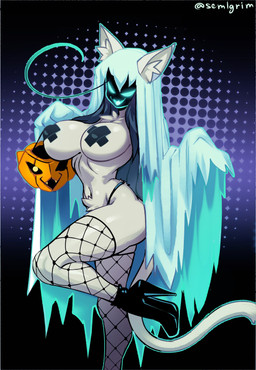 abstract_background ahoge anthro bedsheet_ghost big_breasts black_hair boots breasts bucket candy_bucket chest_tuft clothed clothing container crotch_tuft curvy_figure female fishnet_clothing fishnet_legwear footwear fur glowing glowing_eyes glowing_mouth hair high_heeled_boots high_heels holding_bucket holding_container holding_object holidays hourglass_figure huge_breasts inner_ear_fluff legwear long_hair navel nipple_tape obscured_face one_leg_up open_mouth open_smile pasties raised_leg shadow_face shoes small_waist smile solo standing tail tape thong topless tuft underwear white_body white_fur sem-l-grim halloween katherine_(sem-l-grim) domestic_cat felid feline felis ghost mammal spirit 2025 absurd_res hi_res signature