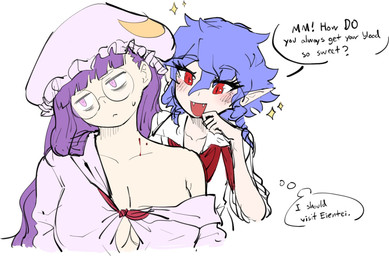 bite_mark bite_mark_on_neck blood blue_hair blush bodily_fluids breasts cleavage clothed clothing collarbone dialogue duo eyewear fangs female glasses hair humanoid_pointy_ears off_shoulder open_mouth open_smile pink_clothing pink_shirt pink_topwear pointy_ears pupils purple_hair red_eyes shirt slit_pupils smile speech_bubble teeth text thought_bubble topwear wearing_glasses white_clothing white_shirt white_topwear kaibootsu touhou patchouli_knowledge remilia_scarlet human humanoid mammal vampire english_text hi_res