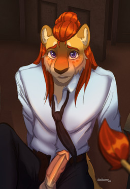 accessory anthro balls belt bite biting_lip black_necktie black_nose blue_eyes blush blush_lines bottomwear clothed clothing door fangs fur genitals hair heart_eyes heart_symbol humanoid_genitalia humanoid_penis inner_ear_fluff long_hair male necktie office office_clothing panties panties_down partially_clothed penis red_hair shirt sitting sitting_on_ground solo tail teeth topwear tuft underwear underwear_down yellow_body yellow_fur alanhamster samson_(alanhamstrer) felid lion mammal pantherine absurd_res digital_media_(artwork) hi_res