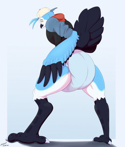 anthro backwards_baseball_cap backwards_hat baseball_cap beak big_diaper clean_diaper clothing diaper hat headgear headwear hoodie looking_back male rear_view solo standing topwear steelshark bomber_(dakotafloof) avian bird blue_bird absurd_res hi_res