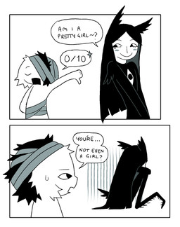 bandage bandaged_head bandaged_torso bandaged_waist black_hair bodily_fluids chest_eye closed_smile dialogue duo eyes_closed fur gesture hair hand_gesture long_hair male mouth_closed open_mouth question smile speech_bubble stated_gender sweat talking_to_another text thumbs_down white_body white_fur white_skin jejejunum ember_(jejejunum) pest_(jejejunum) animal_humanoid arthropod arthropod_humanoid fraid_(species) humanoid insect insect_humanoid proto-nethermare 2026 comic digital_drawing_(artwork) digital_media_(artwork) english_text firealpaca_(artwork) hi_res male_(lore)