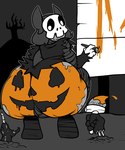 anthro bone butt butt_focus cosplay crouching food fruit mask plant pumpkin pumpkin_butt rear_view skull skull_mask solo abeybubble abey_(abeybubble) bat mammal hi_res restricted_palette