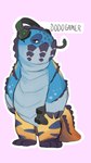 anthro blue_body blue_scales controller electronics game_controller half-closed_eyes headgear headphones headset male narrowed_eyes purple_background scales scutes simple_background smile solo yellow_body yellow_scales dosent capcom monster_hunter dodogama fanged_wyvern 9:16 hi_res