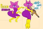 2023 5_fingers anthro bat blue_eyes boots clothing costume female fingers footwear fur gloves gun handwear hi_res high_heeled_boots high_heels holding_gun holding_object holding_ranged_weapon holding_rifle holding_weapon mammal purple_body purple_fur ranged_weapon scut_tail short_tail solo sophie_slam speech_bubble tail text vimhomeless weapon
