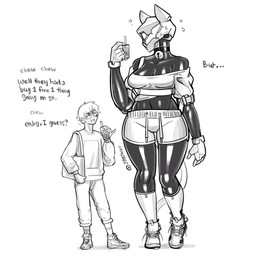 bell bell_collar beverage bodily_fluids bottomwear bubble_tea cat_tail clothing collar crop_top cybernetics dialogue duo eyewear female flying_sweatdrops footwear glasses glistening glistening_body glistening_latex gloves handwear holding_bag larger_female latex latex_body latex_skin legwear machine male not_furry pants question_mark shirt shoes shorts simple_background size_difference smaller_male sneakers standing sweat sweatdrop text thick_thighs thigh_highs topwear white_background jooshy oatmegaplus erika_summers android animal_humanoid cat_humanoid cyborg felid felid_humanoid feline feline_humanoid human humanoid mammal mammal_humanoid robot 2019 english_text hi_res monochrome