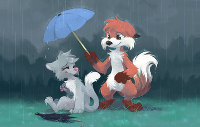 anthro black_nose blush broken_umbrella detailed_background digitigrade duo ears_down eyes_closed featureless_crotch feet female fur grass green_eyes grey_body grey_fur handpaw head_tuft hindpaw holding_object holding_umbrella male nude orange_body orange_fur outside pawpads paws pink_blush pink_nose pink_pawpads pivoted_ears plant raining sitting sitting_on_ground smile snout tail tuft umbrella white_body white_fur darmp canid canine domestic_cat felid feline felis fox mammal red_fox true_fox 2014 digital_media_(artwork) digital_painting_(artwork) painting_(artwork) shaded
