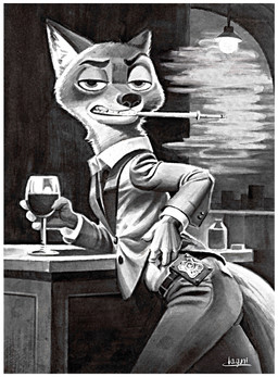 4_fingers alcohol anthro arms_bent badge bar beverage biped black_tie_(suit) border bottomwear cigarette cigarette_holder cigarette_smoke classy clenched_teeth clothed clothed_anthro clothed_male clothing container cup detective drinking_glass eyebrows fingers fully_clothed fully_clothed_anthro fully_clothed_male furniture glass glass_container glass_cup half-closed_eyes iris jacket leaning leaning_forward male male_anthro narrowed_eyes noir pants police police_badge police_officer pose pupils raised_eyebrow side_view skinny skinny_anthro skinny_male smoke smoking solo standing suit suit_jacket suit_pants table tail teeth text tobacco topwear weapon white_border wine_glass laguni disney zootopia zootopia2 nick_wilde canid canine fox mammal red_fox true_fox absurd_res artist_name english_description greyscale hi_res monochrome painting_(artwork) portrait shaded three-quarter_portrait traditional_media_(artwork) watercolor_(artwork)