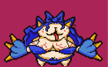 accessory belly big_breasts big_chin big_hands bikini bikini_bottom bikini_top blue_hair blush bow_ribbon breasts cat_nose cat_smile clothing dot_eyes erect_nipples female gloves hair hair_accessory hair_bow hair_ribbon handwear navel nipples overweight overweight_humanoid paw_gloves pointy_ears prick_ears pubes pubes_exposed ribbons simple_eyes solo style_emulation swimwear tongue tongue_out two-piece_swimsuit vein veiny_breasts wavy_hair white_body white_skin alexis_wasilla curse_of_olathe dingaling_productions lisa_the_painful fan_character animal_humanoid cat_humanoid felid felid_humanoid feline feline_humanoid humanoid mammal mammal_humanoid digital_media_(artwork) pixel_(artwork)
