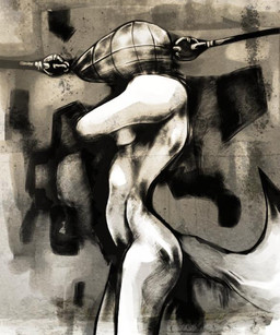 amputee anthro asphyxiation bdsm big_tail bondage bound dirty disability female hooded leash missing_arm nude solo standing submissive submissive_female tail hellodoctor canid canine canis domestic_dog mammal monochrome
