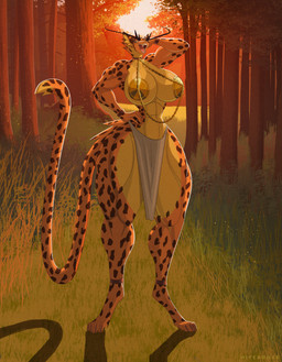 4_toes 5_fingers abs anklet anthro big_breasts bottomwear bracelet breasts chain choker choker_chain claws clothing countershade_legs countershade_thighs countershade_torso countershading curvy_figure detailed_background dipstick_tail eyebrows fangs feet female fingers forest forest_background fur gold_(metal) gold_chain grass hand_behind_head hand_on_hip hourglass_figure inner_ear_fluff jewelry leopard_spots light loincloth long_eyebrows looking_at_viewer markings metal midriff muscular muscular_anthro muscular_female navel necklace nipple_covers orange_body orange_fur particles pasties pink_tongue plant pointy_ears raised_tail rim_light scratches shadow small_waist solo spots standing sunlight sunset tail tail_markings tail_tuft teeth thick_thighs toes tongue tree tuft wide_hips yellow_body yellow_eyes yellow_fur hiverdose last_fables lieren_(last_fables) felid leopard mammal pantherine digital_media_(artwork) full-length_portrait hi_res portrait