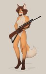 anthro blush breasts brown_hair female fluffy fluffy_tail fur genitals gun hair looking_at_viewer orange_body orange_fur pussy ranged_weapon rifle small_breasts solo tail thin_calves thin_legs thin_thighs weapon 427deer canid canine mammal hi_res