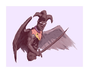 back_wings black_body black_feathers border clothing feathered_wings feathers fool's_hat hat headgear headwear holding_melee_weapon holding_object holding_sword holding_weapon male melee_weapon missing_arm mostly_nude open_mouth open_smile pink_background side_view simple_background smile solo spread_wings sword tan_border teeth weapon wings kingarthur_i homestuck ms_paint_adventures jack_noir humanoid winged_humanoid 2023 digital_drawing_(artwork) digital_media_(artwork) half-length_portrait portrait