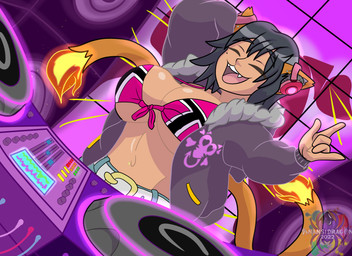 big_breasts bikini bikini_top bouncing_breasts breasts clothing disc_jockey electronics eyes_closed female fire flaming_tail headphones heart_symbol jacket multi_tail music_player nightclub smile solo speaker swimwear tail topwear two-piece_swimsuit anansi_dragon asian_mythology east_asian_mythology japanese_mythology mythology animal_humanoid cat_humanoid felid felid_humanoid feline feline_humanoid humanoid mammal mammal_humanoid nekomata yokai 11:8 absurd_res hi_res
