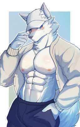 5_fingers abs anthro baseball_cap big_muscles big_pecs blue_background blue_body blue_bottomwear blue_clothing blue_eyes blue_fur blue_pants blush blush_lines border bottomwear clothed clothing countershading ear_tuft fingers fluffy front_view fur furgonomic_baseball_cap furgonomic_hat furgonomic_headwear furgonomics hand_in_pocket hat headgear headwear huge_muscles jacket looking_at_viewer male male_anthro muscle_tone muscular muscular_anthro muscular_male navel nipples obliques open_clothing open_jacket open_topwear outline pants pecs pink_nipples pockets pose shirtless shirtless_anthro shirtless_male simple_background solo standing topwear touching_face tuft white_baseball_cap white_body white_border white_clothing white_fur white_jacket white_outline white_sclera white_topwear redd_fur canid canine canis mammal wolf 2023 colored cool_colors digital_drawing_(artwork) digital_media_(artwork) hi_res pinup portrait shaded three-quarter_portrait