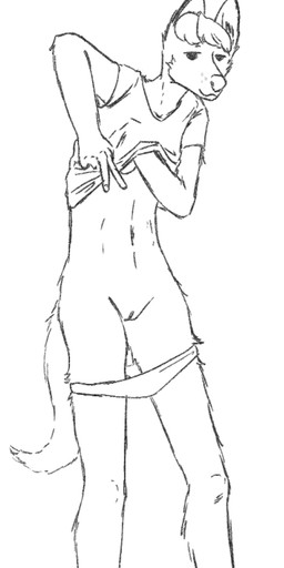 anthro belly black_eyes bottomwear breasts butt clitoris clothed clothing clothing_lift ear_tuft female fingers freckles fur fur_tuft genitals gesture hair hand_gesture hip_fluff hip_tuft inner_ear_fluff leaning leaning_forward midriff narrowed_eyes navel one_breast_out partially_clothed shirt shirt_lift short_hair short_sleeved_shirt short_sleeves simple_background smile solo standing tail topwear tuft v_sign vulva white_body himynameis clip_studio_paint_(artwork) digital_media_(artwork) hi_res monochrome sketch