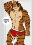 2018 3:4 abs anthro areola armpit_hair biceps big_bulge bodily_fluids body_hair brown_hair bulge clothed clothing countershading dream_and_nightmare english_text felid fur hair hi_res implied_incest long_hair male mammal markings muscular muscular_anthro muscular_male night_(dream_and_nightmare) nipples pantherine partially_clothed pecs solo striped_markings striped_tail stripes sweat tail tail_markings text tiger underwear undressing