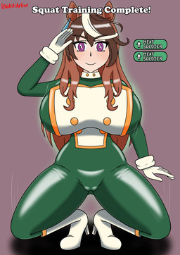 animal_ears big_breasts bodysuit boots bouncing_breasts breasts brown_hair camel_toe clothing crouching female footwear genital_outline gesture gloves green_bodysuit green_clothing green_skinsuit hair handwear happy_trance high_heeled_boots high_heels horse_ears latex latex_bodysuit latex_clothing latex_skinsuit long_hair mind_control purple_eyes salute shoes skinsuit smile solo text tight_clothing vulva_outline white_clothing white_footwear white_gloves white_handwear white_high_heels usakikiartist cygames meatcorp uma_musume_pretty_derby symboli_rudolf_(pretty_derby) animal_humanoid equid equid_humanoid equine equine_humanoid horse_humanoid humanoid mammal mammal_humanoid absurd_res english_text hi_res