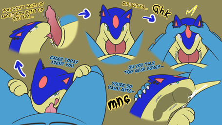 animal_genitalia animal_penis blue_body bodily_fluids cum cum_in_mouth cum_inside duo erection fellatio feral genital_fluids genitals knot knotted_penis male male/male male_penetrating open_mouth oral penetration penile penis sex simple_background text tongue tongue_out ferzdracroc nintendo pokemon hagure_(ferzdracroc) lorel_(ferzdracroc) crocodilian feraligatr generation_2_pokemon pokemon_(species) quilava reptile scalie 16:9 digital_media_(artwork) hi_res widescreen