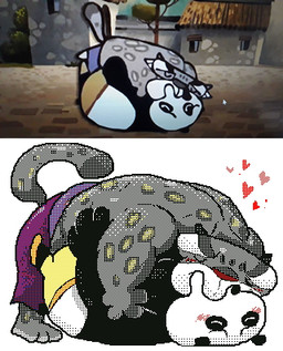 anthro black_body black_nose blush bottomwear clothing comparison duo eyes_closed heart_symbol hug kiss_on_lips kissing male male/male overweight overweight_male pants shirt topwear white_body cas_van_de_pol keke_(artist) dreamworks kung_fu_panda master_po_ping tai_lung_(kung_fu_panda) bear felid giant_panda mammal pantherine snow_leopard 2021 low_res