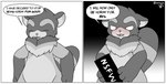 anthro blush border censor_bar censored_genitalia dialogue humor male solo text white_border xenoyia kalen_(xenoyia) canid canine mammal procyonid raccoon raccoon_dog tanuki censored comic english_text hi_res meme