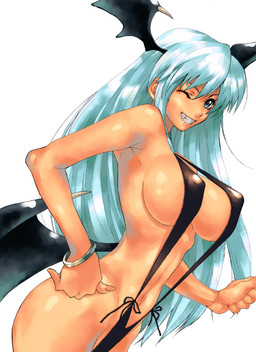 big_breasts bikini blue_hair breasts clothing female hair happy head_wings looking_at_viewer membrane_(anatomy) membranous_wings nipples not_furry one-piece_swimsuit one_eye_closed sling_bikini smile solo swimwear two-piece_swimsuit unusual_wing_placement wings unknown_artist capcom darkstalkers morrigan_aensland demon humanoid mammal vampire winged_humanoid